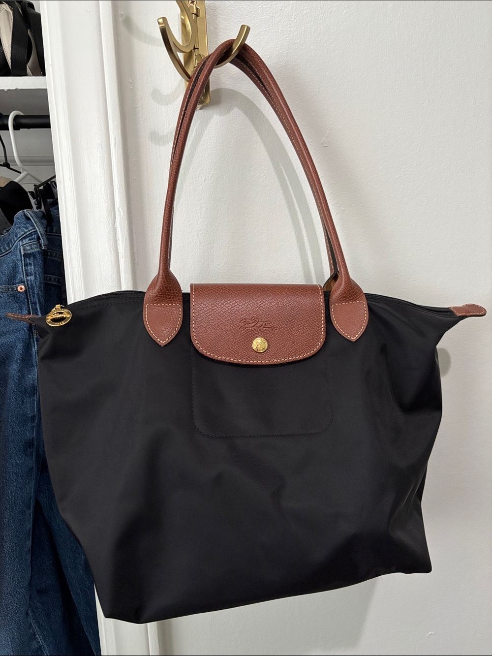 Longchamp Le Pliage Black Nylon Tote with Brown Leather Trim